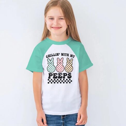 MODNTOGA Boys Girls Easter Outfit Bunny Graphic T-Shirt Chillin' with My Peeps Letter Print Short Sleeve Tee Tops in Saudi Arabia