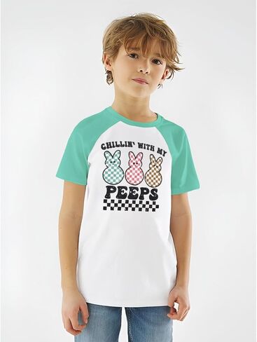 MODNTOGA Boys Girls Easter Outfit Bunny Graphic T-Shirt Chillin' with My Peeps Letter Print Short Sleeve Tee Tops in Saudi Arabia