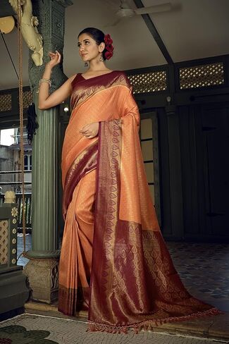 الساري الهندي للنساء من الحرير الخام باناراسي المنسوج ساري | ساري هدية زفاف ديوالي الهندي وبلوزة غير مخيطة in Kuwait