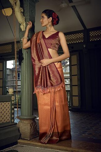 الساري الهندي للنساء من الحرير الخام باناراسي المنسوج ساري | ساري هدية زفاف ديوالي الهندي وبلوزة غير مخيطة in Kuwait