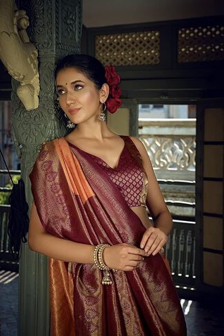 الساري الهندي للنساء من الحرير الخام باناراسي المنسوج ساري | ساري هدية زفاف ديوالي الهندي وبلوزة غير مخيطة in Kuwait