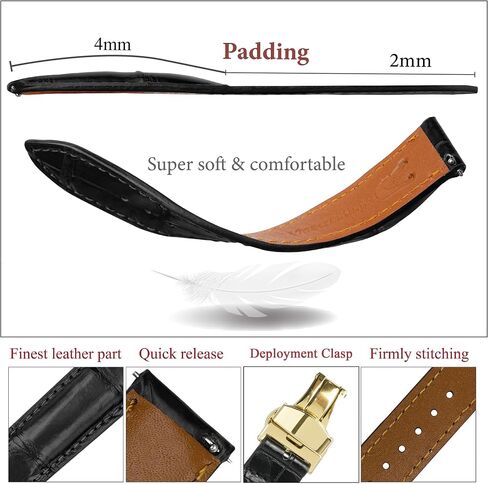 vinacreations 19mm Black Alligator Belly Leather Watch Band Gold Deployment Clasp Men Quick Release Crocodile Exotic Replacement Wristwatch Strap Premium Handmade DH-01D-G-19MM in Kuwait