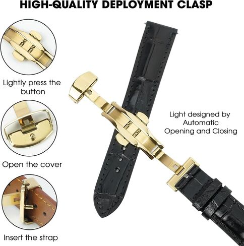 vinacreations 19mm Black Alligator Belly Leather Watch Band Gold Deployment Clasp Men Quick Release Crocodile Exotic Replacement Wristwatch Strap Premium Handmade DH-01D-G-19MM in Kuwait