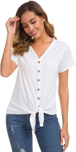 قمصان نسائية بأكمام قصيرة وربطة عنق وأزرار سفلية من Henley قمصان صيفية كاجوال تونيك تي شيرت in Kuwait