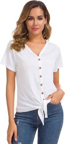 قمصان نسائية بأكمام قصيرة وربطة عنق وأزرار سفلية من Henley قمصان صيفية كاجوال تونيك تي شيرت in Kuwait