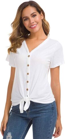 قمصان نسائية بأكمام قصيرة وربطة عنق وأزرار سفلية من Henley قمصان صيفية كاجوال تونيك تي شيرت in Kuwait