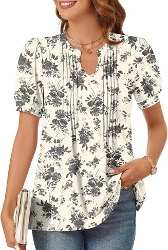 syoss Women's 2024 V-Neck Puff Short Sleeve Pleated Tops Summer Fashion Tunics Casual Blouse T Shirts in Saudi Arabia