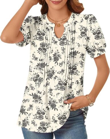 syoss Women's 2024 V-Neck Puff Short Sleeve Pleated Tops Summer Fashion Tunics Casual Blouse T Shirts in Saudi Arabia