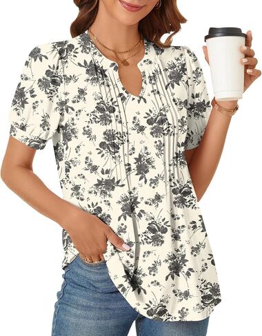 syoss Women's 2024 V-Neck Puff Short Sleeve Pleated Tops Summer Fashion Tunics Casual Blouse T Shirts in Saudi Arabia