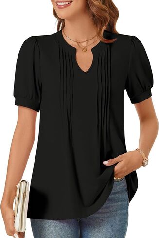 syoss Women's 2024 V-Neck Puff Short Sleeve Pleated Tops Summer Fashion Tunics Casual Blouse T Shirts in Kuwait