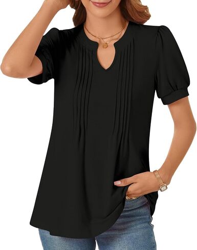 syoss Women's 2024 V-Neck Puff Short Sleeve Pleated Tops Summer Fashion Tunics Casual Blouse T Shirts in Kuwait