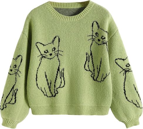 WDIRARA Women's Cartoon Cat Bishop Long Sleeve Round Neck Sweater Drop Shoulder Pullover Tops in Kuwait