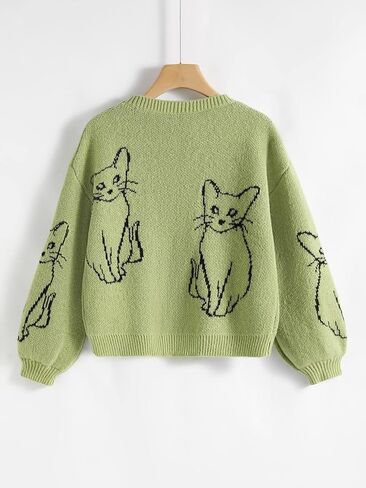 WDIRARA Women's Cartoon Cat Bishop Long Sleeve Round Neck Sweater Drop Shoulder Pullover Tops in Kuwait