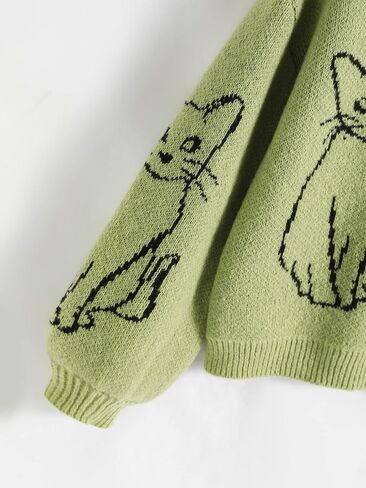 WDIRARA Women's Cartoon Cat Bishop Long Sleeve Round Neck Sweater Drop Shoulder Pullover Tops in Kuwait