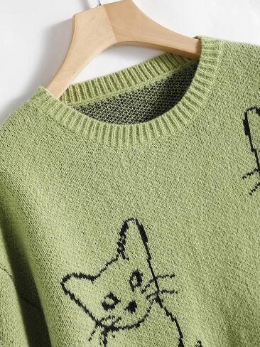 WDIRARA Women's Cartoon Cat Bishop Long Sleeve Round Neck Sweater Drop Shoulder Pullover Tops in Kuwait