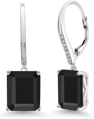 Gem Stone King 925 Sterling Silver Black Onyx and White Diamond Dangle Earrings For Women (11.64 Cttw, Gemstone Birthstone, Emerald Cut 12X10MM) in Saudi Arabia