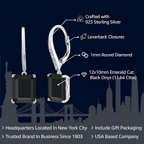 Gem Stone King 925 Sterling Silver Black Onyx and White Diamond Dangle Earrings For Women (11.64 Cttw, Gemstone Birthstone, Emerald Cut 12X10MM) in Saudi Arabia