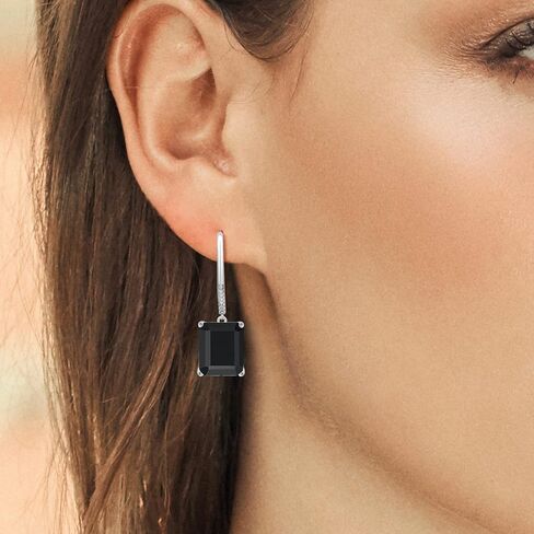 Gem Stone King 925 Sterling Silver Black Onyx and White Diamond Dangle Earrings For Women (11.64 Cttw, Gemstone Birthstone, Emerald Cut 12X10MM) in Saudi Arabia