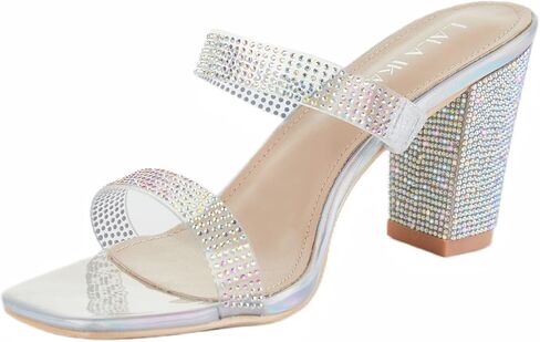 LALA IKAI Women's Chunky Block Heel Mules Square Toe Rhinestone Sandals Transparent Strappy Heels Wedding Dress Shoes in Kuwait