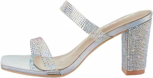 LALA IKAI Women's Chunky Block Heel Mules Square Toe Rhinestone Sandals Transparent Strappy Heels Wedding Dress Shoes in Kuwait
