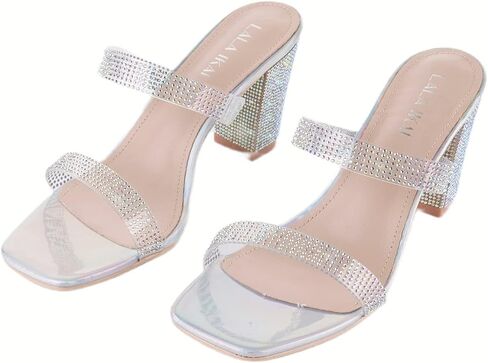 LALA IKAI Women's Chunky Block Heel Mules Square Toe Rhinestone Sandals Transparent Strappy Heels Wedding Dress Shoes in Kuwait