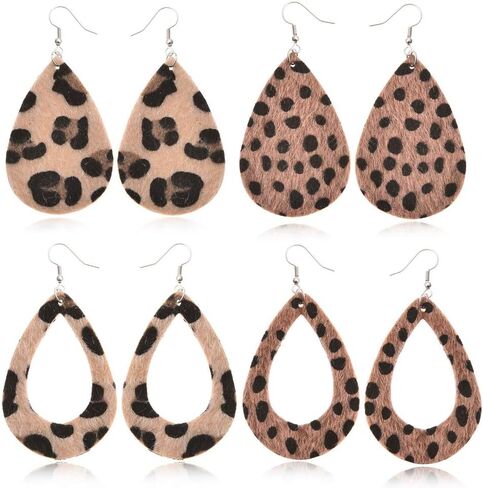 4 أزواج من الأقراط الجلدية على شكل دمعة خفيفة الوزن مع خطاف متدلي من الجلد الصناعي أقراط متدلية مصنوعة يدويًا بطبعة زهور الفهد للنساء والفتيات in Kuwait