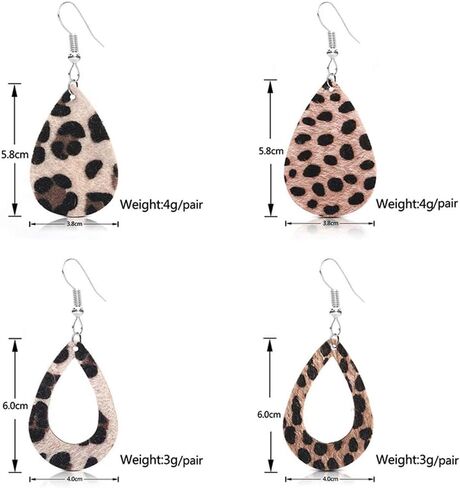 4 أزواج من الأقراط الجلدية على شكل دمعة خفيفة الوزن مع خطاف متدلي من الجلد الصناعي أقراط متدلية مصنوعة يدويًا بطبعة زهور الفهد للنساء والفتيات in Kuwait