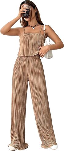 OYOANGLE Women's 2 Piece Outfits Casual Textured Sleeveless Crop Cami Top and High Waisted Wide Leg Pant Sets in Saudi Arabia
