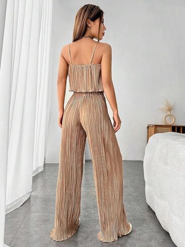 OYOANGLE Women's 2 Piece Outfits Casual Textured Sleeveless Crop Cami Top and High Waisted Wide Leg Pant Sets in Saudi Arabia