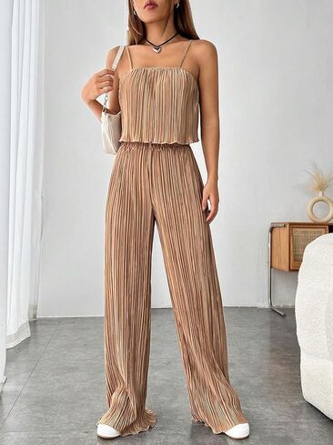 OYOANGLE Women's 2 Piece Outfits Casual Textured Sleeveless Crop Cami Top and High Waisted Wide Leg Pant Sets in Saudi Arabia