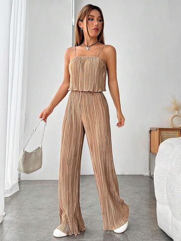 OYOANGLE Women's 2 Piece Outfits Casual Textured Sleeveless Crop Cami Top and High Waisted Wide Leg Pant Sets in Saudi Arabia