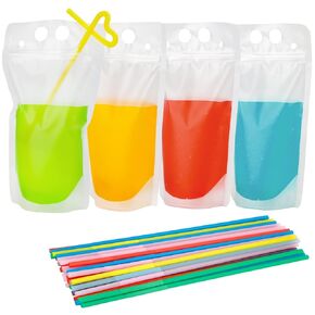 Tomnk 200PCS Drink Pouches, Drink Pouches with 200 Straws, Juice Pouches Smoothie Pouches Hand-held Translucent Reusable Plastic Smoothie Drink Pouches