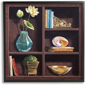 Stupell Industries Elegant Bookshelf Still-Life with Lotus Floral Vase Canvas Wall Art, 17 x 17, Brown