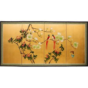 Red Lantern Love Birds on Traditional Gold Leaf Folding Silk Screen, 36" x 72"