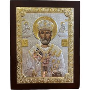 Silver Canvas Saint Nicholas Byzantine Silver Orthodox Icon/Greek Handmade (Red, 9 1/2 x 7 1/4)