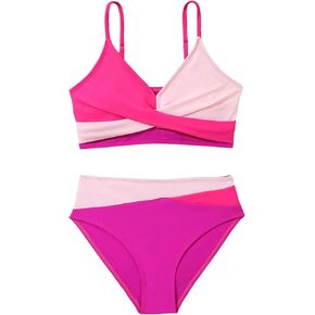WDIRARA Girl's Color Block Twist Criss Cross Bikini Set Swimsuit Two Piece V Neck Bathing Suit