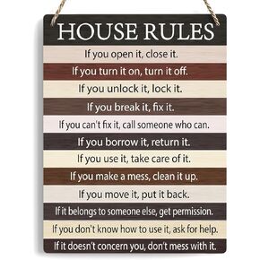 House Rules Decor For Home Farmhouse, Family Rules Wall Art Wooden Sign, Farmhouse Living Room Kitchen Rustic Hanging Sign, Set of 1 Wooden Sign With Rope - J18