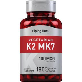 Piping Rock K2 MK7 | 100 mcg | 180 Vegetarian Capsules | Non-GMO, Gluten Free Supplement