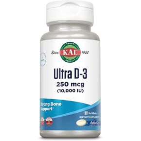 KAL Ultra Vitamin D3 10000 IU Softgels (250 mcg), High Potency Vitamin D, Calcium Absorption, Bone Health and Immune Support Supplement, Liquid Filled ActivGels, Made Without Soy, 90 Serv, 90 Softgels