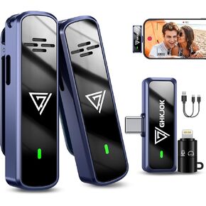 ميكروفون GHKJOK اللاسلكي للهواتف المحمولة Android USB-C، قطعتان من الميكروفون لهواتف iPhone/iPhone 15 وميكروفون تسجيل صغير لإجراء المقابلات ومقاطع الفيديو ومدونات الفيديو على YouTube باللون الأزرق الفاتح