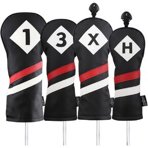 Majek Retro Golf Headcovers Black Red and White Vintage Leather Style 1 3 X H Driver Fairway and Hybrid Head Covers Fits 460cc Drivers Classic Look