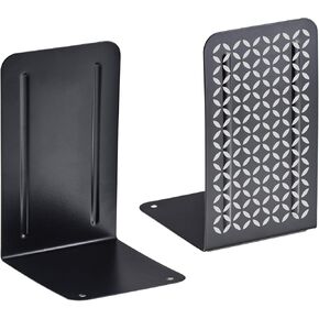 Acrimet Metal Bookends Design Series (Heavy Duty) (Black Bookend with Silver Design) (1 Pair Pack)