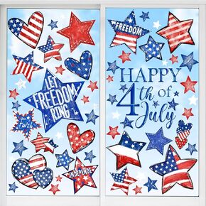 Patriotic Window Cling Double-Sided Red White Blue Stars Window Stickers Happy 4th of July Window Decals Decorations for Home Independence Day Store Glass Holiday Decoration 6 Sheets