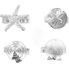 Pewter Seaside Seashell Starfish Napkin Rings Set of 4