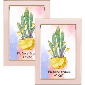 Golden State Art, 4x6 Enamel Picture Frame, Aluminum Gold Edge With Pink Enamel for 4 x 6 In Photos, Real Glass Front with Easel Stand, Tabletop or Wall Mount Display (2 Pack)
