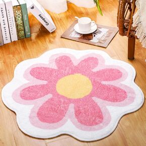 Aesthetic Cute Flower Round Area Rug Non Slip Circle Soft Fluffy Flower Rug Indoor Floor Mat Carpet for Girls Bedroom Bathroom Living Room Sofa Nursery Decor(Grey, 4 ft)