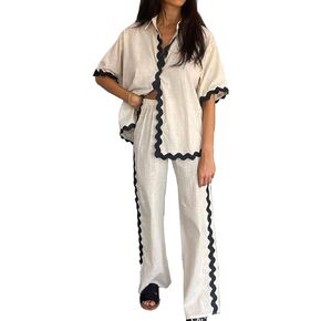 Womens 2 Piece Outfit Patchwork Short Sleeve Button Down Shirts and Long Pants Lounge Set