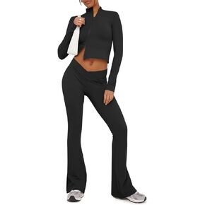 Fisoew Womens Workout 2 Piece Outfits Zip Up Long Sleeve Sweatshirt Side Slit Flared Yoga Pants Tracksuit Sets