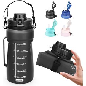 Nefeeko Collapsible Water Bottles, 1.5L Reusable Collapsible Water Bottle for Travel Leakproof, BPA Free Foldable Silicone Water Bottles with Straw for Traveling Sport Gym Camping Hiking