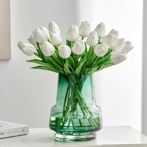 Green Glass Vase Decor: Minimalist Flower Vase for Home Decor Modern Decorative Vase for Living Room Centerpiece Table Entryway Shelf Wedding Decoration